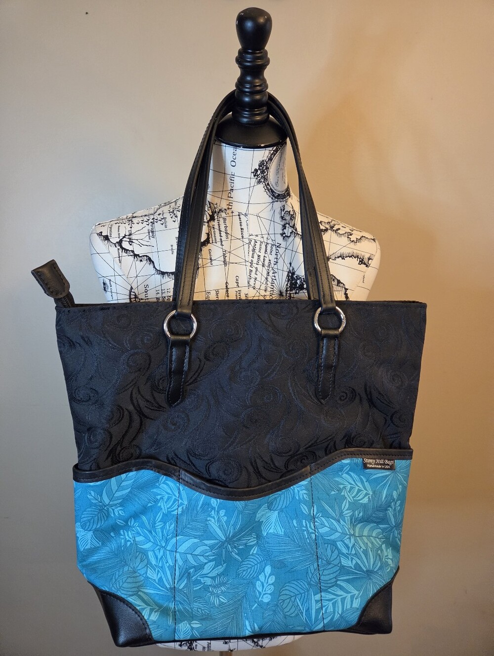 Stony Hill Bags Handmade USA Tote Purse Blue Black Floral Embossed Shoulder Bag
